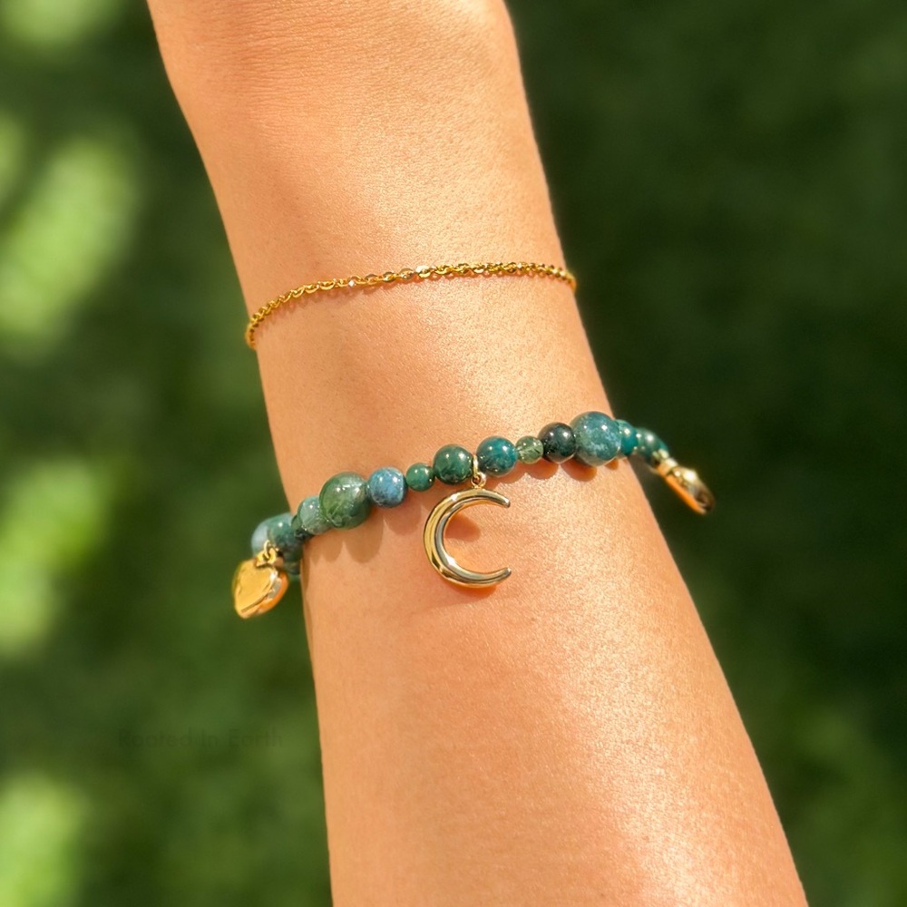 Natural Moss Agate Gemstone Bracelet- Real Gold Plated Charms